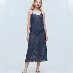 Madewell Floral Halter Deep Blue Burnout Sheer Midi Slip Dress NEW